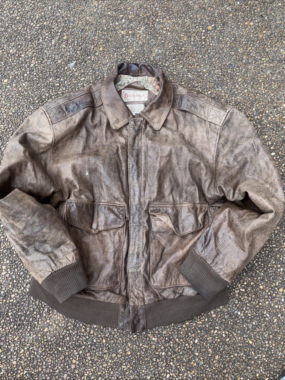 Vintage Bechamel Leather Bomber Jacket With Map Liner Brown Leather 80s Sz Large